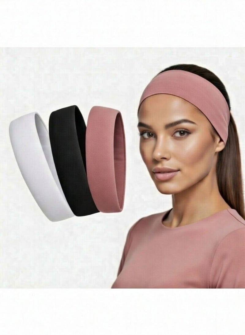 3PCS Cotton Headbands 5CM – Rose, Black & White – Stretch Non-Slip Hair Bands for Sports & Daily Wear - Image 1
